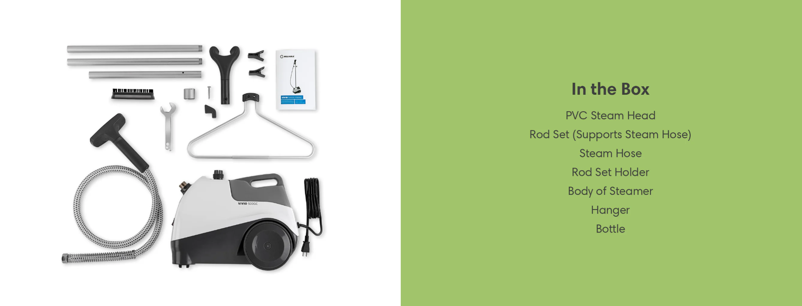 Vivio 500gc Professional Garment Steamer Packing List.