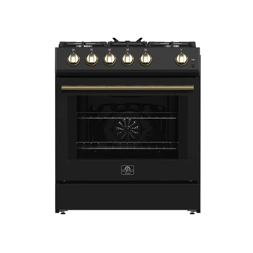 Appliances_FFSGS1116-30BLK_2024_11_Front_d5aa4baa-3808-4eb0-bc7e-f62ef83f6a79 FORNO Espresso Leonardo 30" 5 cu. ft. Gas Range in Black with Antique Brass Handles, FFSGS1116-30BLK - Image 1