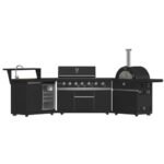 FORNO All’Aperto Outdoor Kitchen Set - 87,600 BTU Gas Grill with 4 Burners + Side Burner, Gas Pizza Oven, Sink Module/Beverage Center with Black Sintered Stone Countertop