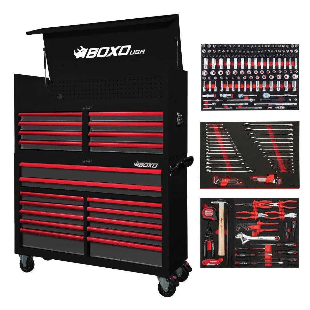 BoxoUSA-Pro-Series-Loaded-53-20-Drawer-Rolling-Tool-Box-Black-and-Red-53TBM-BK-R1 Boxo Pro Series | Loaded 53" 20-Drawer Rolling Tool Box | Black and Red - Image 1