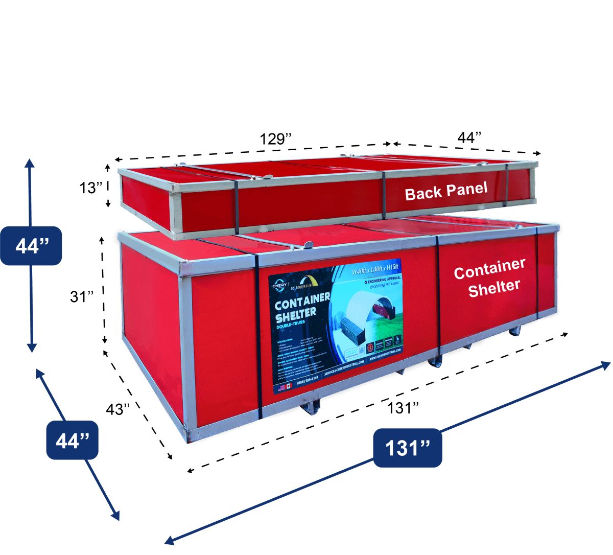 40x40x15 ft Container Shelter with Closed Back Panel package size