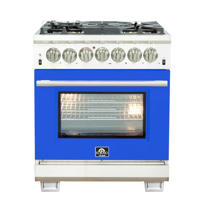 Dual-Fuel_FFSGS6187-30BLU_front-blue-door FORNO Capriasca 30" 4.32 cu. ft. Dual Fuel Range with 5 Italian Burners in Blue, FFSGS6187-30BLU - Image 1