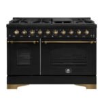 FORNO Antico 48" 5.5 cu. ft. Dual Fuel Range with 8 Sealed Burners and Griddle in Black with Antique Brass Accents, FFSGS6113-48BLK