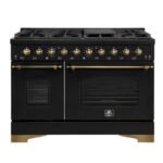 FORNO Antico 48" 5.5 cu. ft. Gas Range with 8 Sealed Burners and Griddle in Black with Antique Brass Accents, FFSGS6219-48BLK