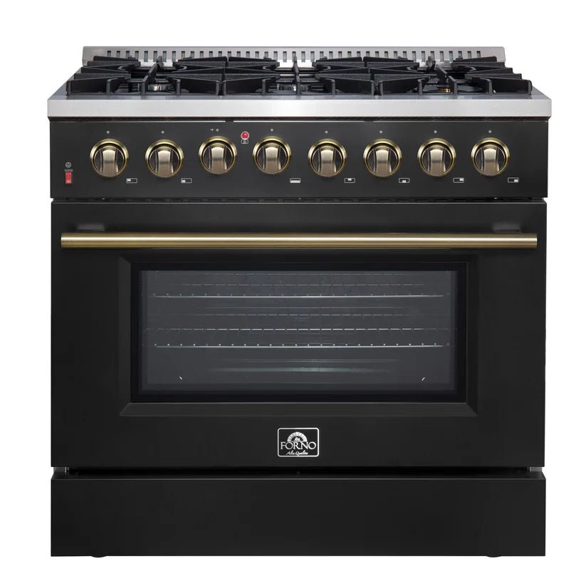Dual_Fuel_FFSGS6156-36BLK_V1_Front_Main_Picture_2024-12-12 FORNO Galiano 36" 5.36 cu. ft. Dual Fuel Range with 6 Sealed Burners in Black with Antique Brass Accents, FFSGS6156-36BLK - Image 1