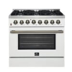 FORNO Galiano 36" 5.36 cu. ft. Dual Fuel Range with 6 Sealed Burners in White with Antique Brass Accents, FFSGS6156-36WHT