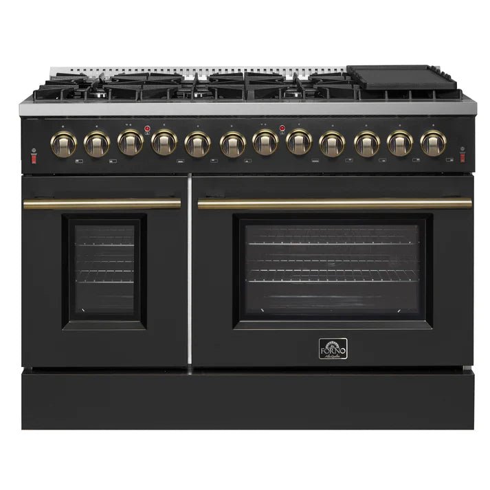 Dual_Fuel_FFSGS6156-48BLK_V1_Front_Main_Picture_2024-12-11 FORNO Galiano 48" 6.58 cu. ft. Dual Fuel Range with 8 Sealed Burners and Griddle in Black with Antique Brass Accents, FFSGS6156-48BLK - Image 1