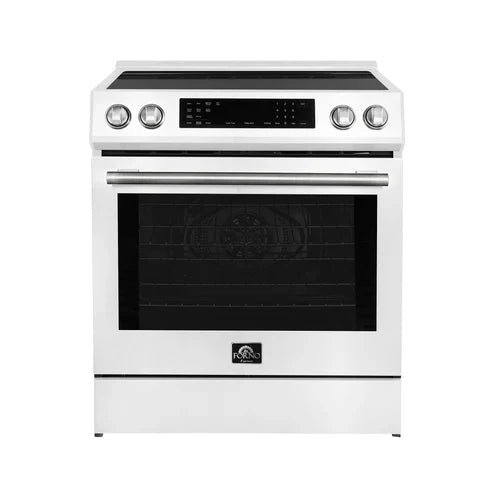 FFSIN0905-30WHT-espresso-leonardo-induction-range-front FORNO Espresso Donatello 30" 5 cu. ft. Induction Range with Air Fry and Self-Clean in White and Antique Brass Handles, FFSIN0905-30WHT - Image 1