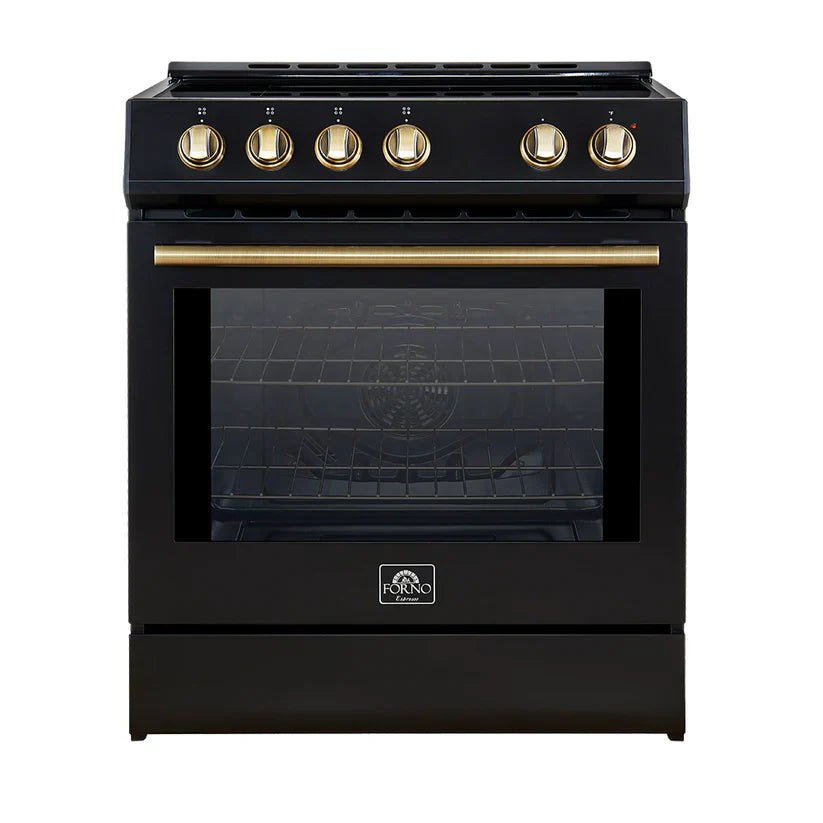 FFSIN0982-30BLK-Leonardo-30-inc-Induction-Range-Black-Front-Close_20with_20light_20on-AB FORNO Espresso Leonardo 30" 5 cu. ft. Induction Range with Knob Control in Black and Antique Brass Accents, FFSIN0982-30BLK - Image 1