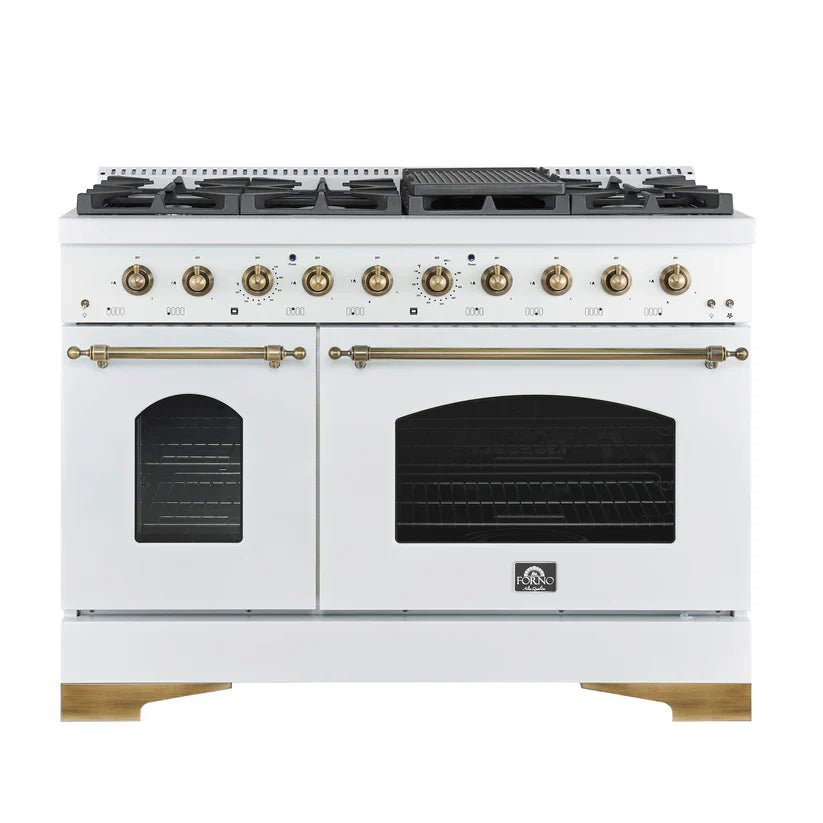 Gas_Range_FFSGS6219-48WHT_V1_Front_Main_Picture_2024-11-27 FORNO Antico 48" 5.5 cu. ft. Gas Range with 8 Sealed Burners and Griddle in White with Antique Brass Accents, FFSGS6219-48WHT - Image 1