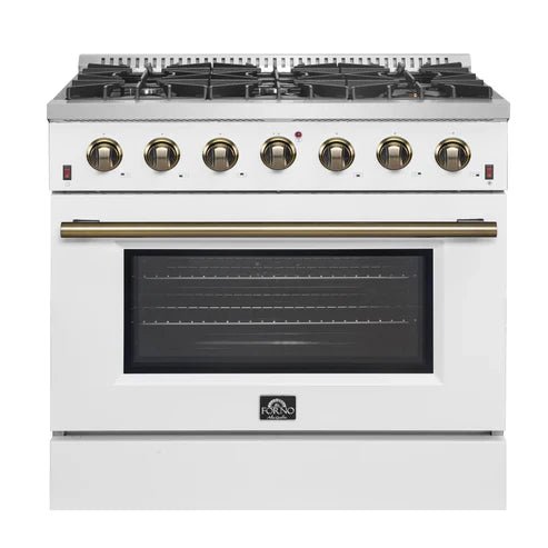Gas_Range_FFSGS6244-36WHT_V1_Front_Main_Picture_2024-12-12 FORNO Galiano 36" 5.36 cu. ft. Gas Range with 6 Sealed Burners in White with Antique Brass Accents, FFSGS6244-36WHT - Image 1