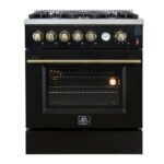 FORNO Giovanni 30" 4.32 cu. ft. Gas Range with 5 Burners, Air Fry Basket, Wok Support and Griddle in Black with Antique Brass Accents, FFSGS6274-30BLK