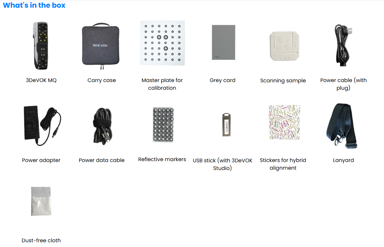 3devok Mq Scanner Kit Contents — Scanner, Accessories, Cables On White Background