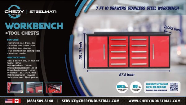 7' Storage Cabinets with Workbench (10 Drawers & 2 Cabinets)