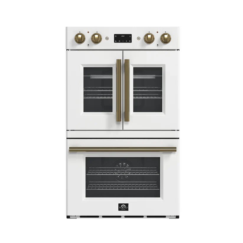 Oven_FBOEL1340-30-WHT_2025-02_Front FORNO Asti 30" 7.36 cu. ft. French Door Double Electric Wall Oven with Air Fry, Self-Clean and Sous Vide in White with Antique Brass Accents, FBOEL1340-30WHT - Image 1