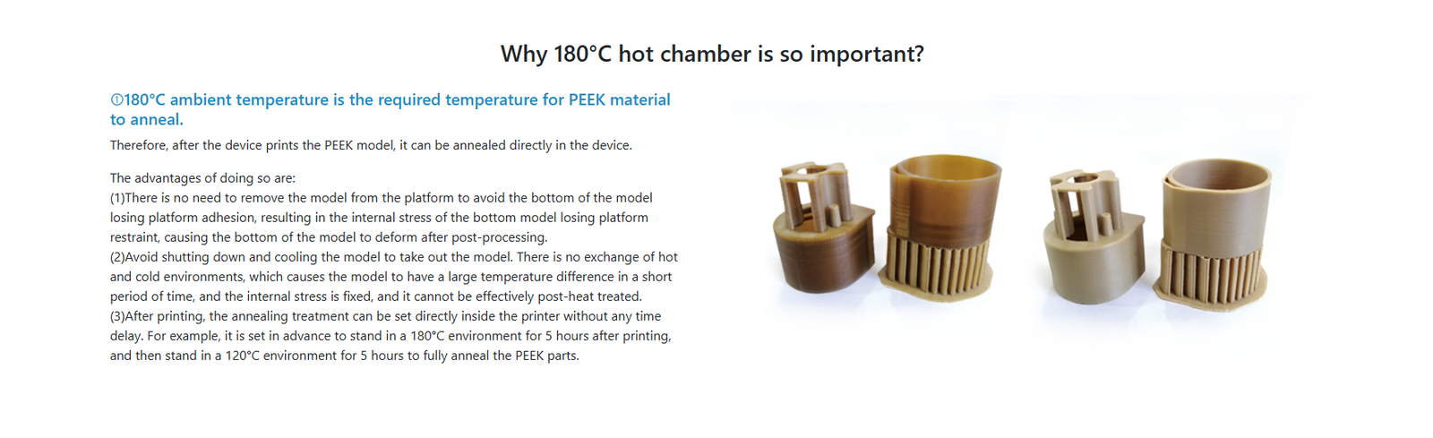 importance of a 180°C hot chamber in 3D printing PEEK material.