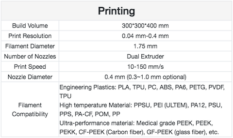 Creatbot Peek-300 Printing Specifications Chart