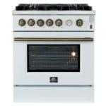 FORNO Giovanni 30" 4.32 cu. ft. Gas Range with 5 Burners, Air Fry Basket, Wok Support and Griddle in White with Antique Brass Accents, FFSGS6274-30WHT