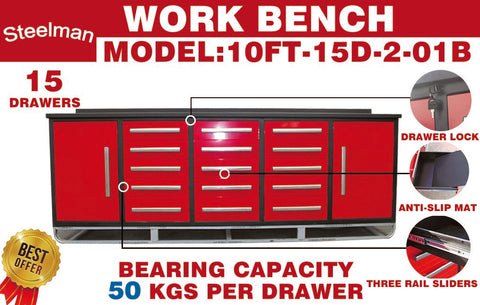Steelman 10 FT Storage Cabinet with Work Bench (15 Drawers & 2 Cabinets)