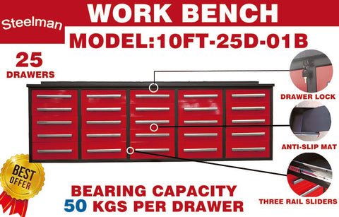 Steelman 10' Workbench with Storage Drawers (25 Drawers)