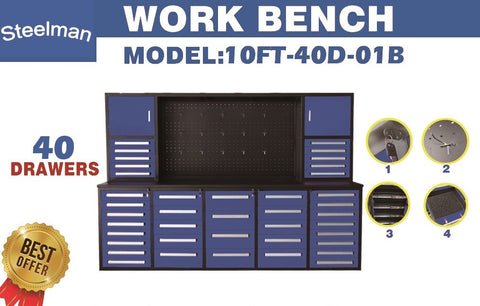 Steelman 10' Storage Cabinet with Workbench (40 Drawers & 2 Cabinets)
