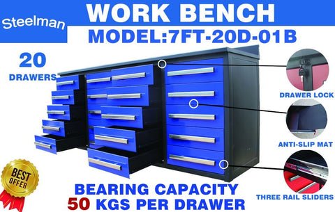 Steelman 7' Garage Storage Cabinets with Workbench (20 Drawers)