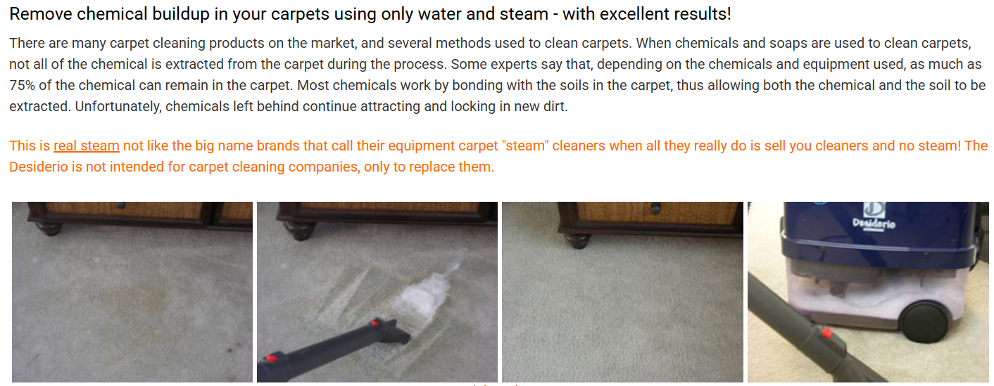 Desiderio carpet cleaning system using water and steam to avoid chemical buildup.