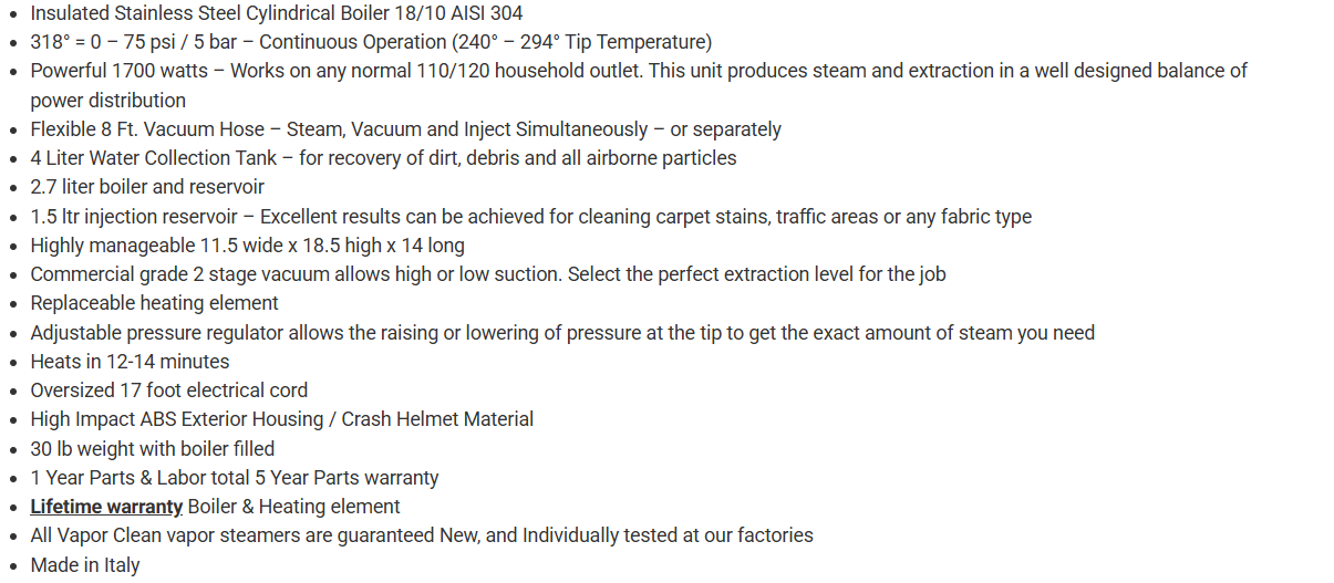 Vapor Clean Desiderio Plus - 318° 75 Psi Specifications