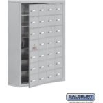 Surface Mounted Cell Phone Storage Locker with 28 A Doors (27 usable) in Aluminum - Keyed Locks by Salsbury
