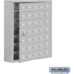 Surface Mounted Cell Phone Storage Locker with 35 A Doors (34 usable) in Aluminum - Keyed Locks by Salsbury