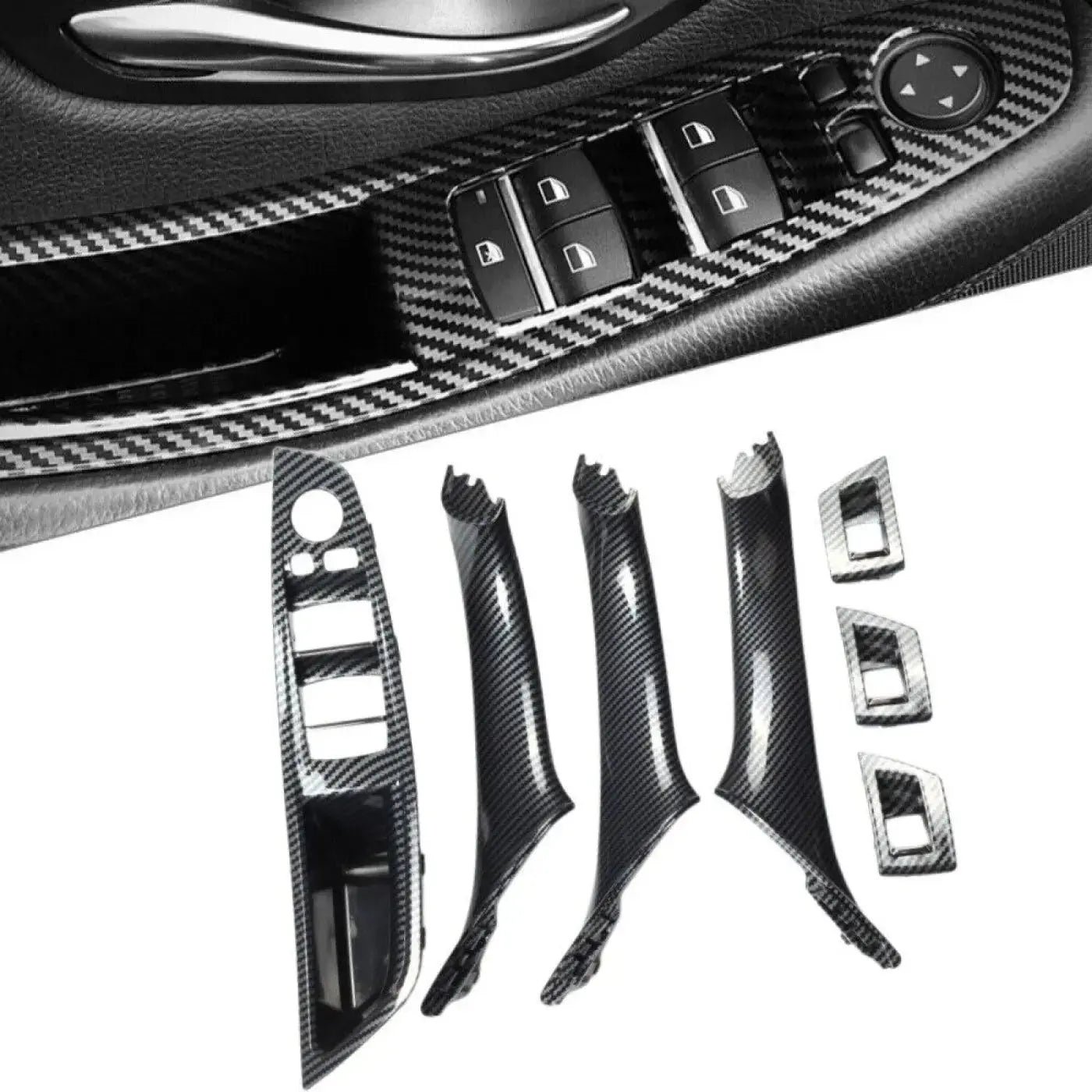 7pcs-bmw-5-f10-f11-f18-lhd-carbon-fiber-full-interior-door-handle-trim-set-693 7Pcs BMW 5 F10 F11 F18 LHD Carbon Fiber Full Interior Door Handle Trim Set - Image 1