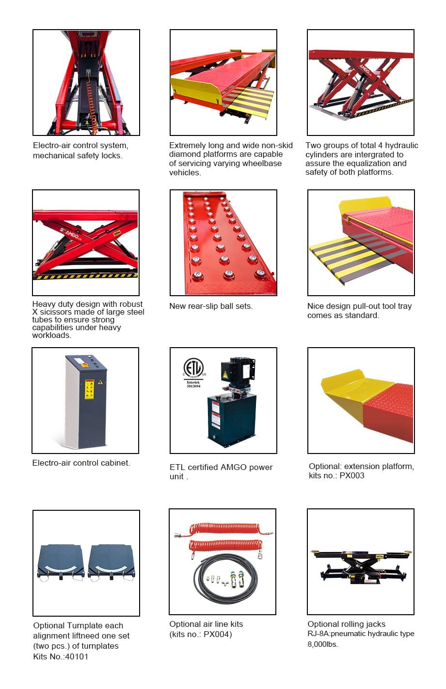 Image showing various components and features of the AMGO Hydraulics AX-16A 16,000 lbs Alignment Scissor Lift system, including safety locks, slip bars, and optional kits.