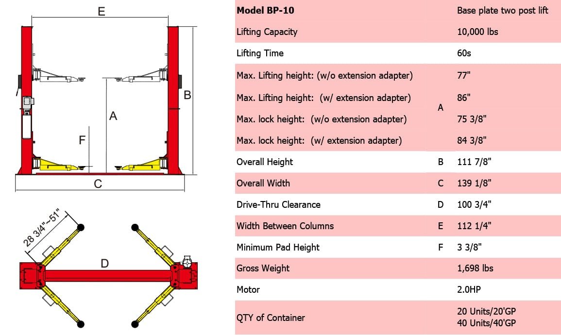 Technical diagram and specifications for the AMGO Hydraulics BP-10 10,000 lbs 2 Post Lift, showing dimensions and capacity.