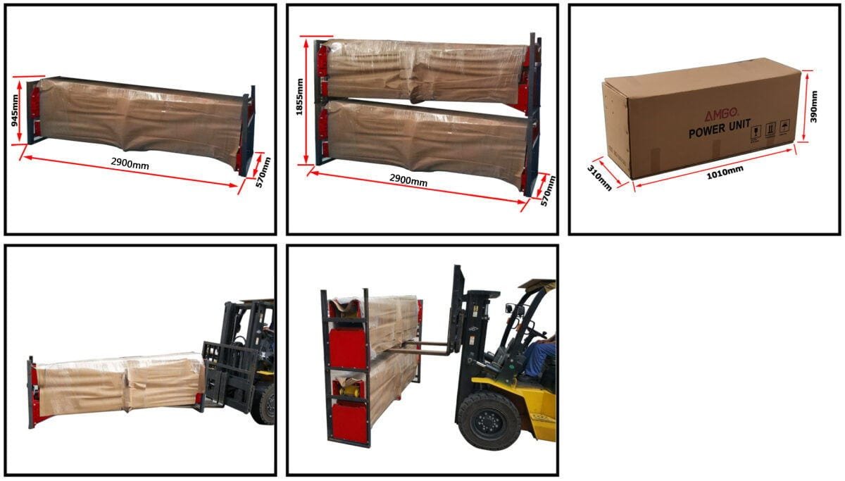 Multiple views of large packages being loaded onto a forklift, including package dimensions and a boxed power unit, demonstrate the efficiency of the AMGO Hydraulics BP-12 12,000 lbs 2 Post Lift.