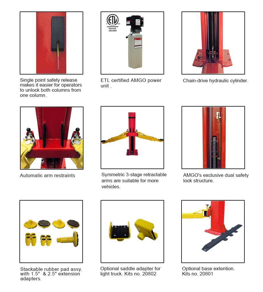 A collage showcasing parts and features of the AMGO BP-9 9,000 lbs 2 Post Lift by AMGO Hydraulics, ideal for low-ceiling garages. Highlights include a safety release, arm restraints, various adapters, and a 9,000 lbs capacity.