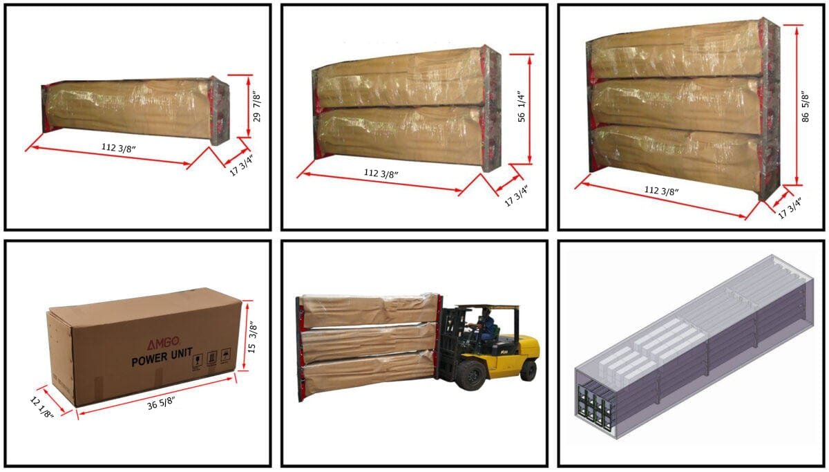 A series of images showcases the dimensions of stacked boxes, a forklift, and an AMGO BP-9 9,000 lbs 2 Post Lift from AMGO Hydraulics handling the boxes in low-ceiling garages.