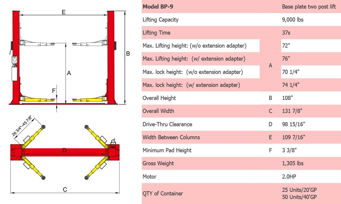 Diagram of an AMGO BP-9 9,000 lbs two-post lift from AMGO Hydraulics, detailing its dimensions, lifting capacity, and specifications in a comparison chart format. Ideal for low-ceiling garages.