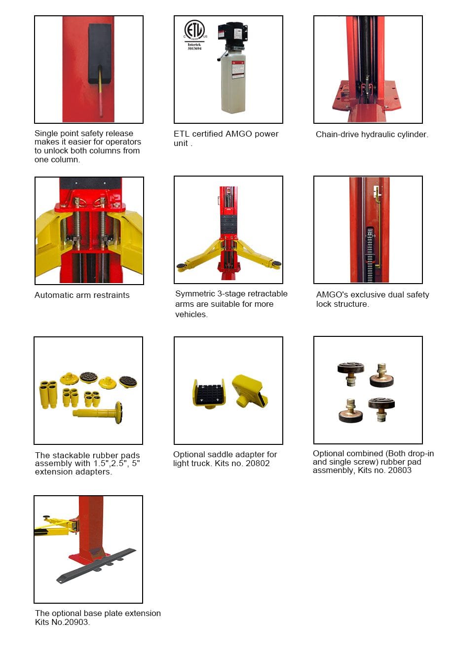 A comprehensive diagram illustrating the various components and features of the AMGO BP-9X 9,000 lbs 2 Post Lift by AMGO Hydraulics, ideal for low-ceiling garages. Each component is clearly labeled with accompanying text.