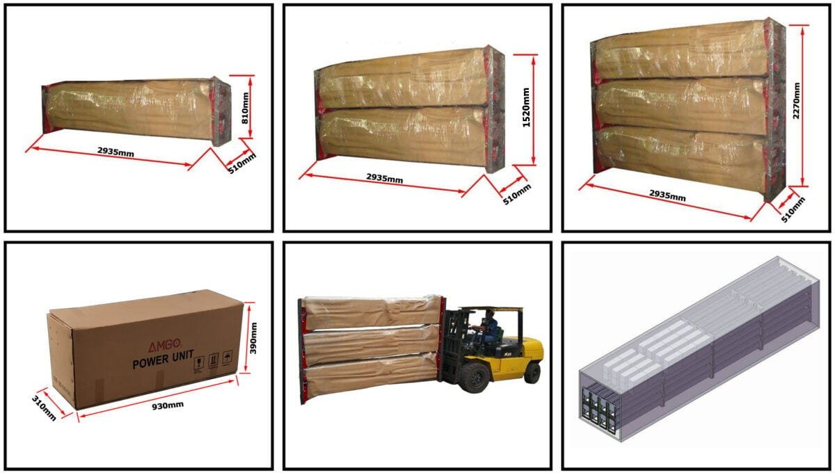 The AMGO Hydraulics BP-9X 9,000 lbs 2 Post Lift ensures seamless execution in the packaging and transportation process of large items, incorporating boxed and forklift stages with precise measurement details. This robust solution is ideal for low-ceiling garages needing efficient handling.