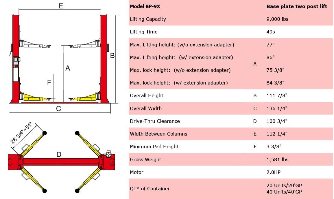 Diagram of the AMGO Hydraulics BP-9X 9,000 lbs 2 Post Lift showing dimensions, specifications, and capacities. This lift supports up to 9,000 lbs, making it ideal for low-ceiling garages.