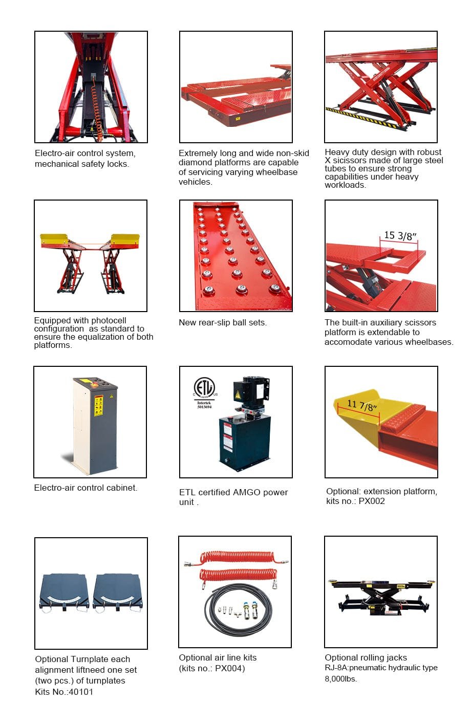 Images of various components and accessories for a vehicle lift system, including platforms and control systems. Featured is the AMGO Hydraulics DX-12A 12,000 lbs Scissor Alignment Lift, ideal for precise vehicle adjustments.