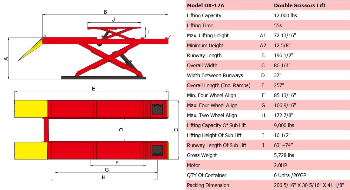 Diagram of an AMGO Hydraulics AMGO DX-12A 12,000 lbs Scissor Alignment Lift with technical specifications and measurements listed in a table.