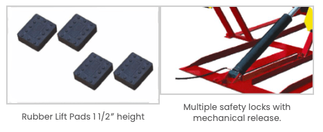 The AMGO LR06 Low-Rise Lift by AMGO Hydraulics in red boasts three rubber lift pads and a mechanical release with multiple safety locks, making it ideal for automotive services.
