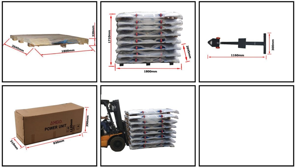 A collection of six images showcasing various angles and measurements of pallets, boxes, a forklift carrying stacked sacks, and the AMGO Hydraulics AMGO LR06 Low-Rise Lift.