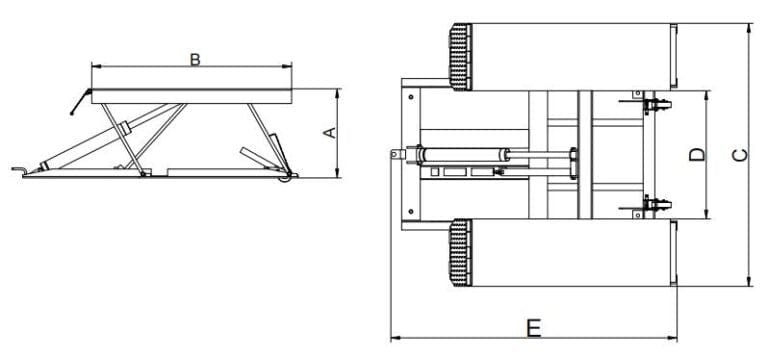 Technical drawing of the AMGO LR06 Low-Rise Lift by AMGO Hydraulics with labeled dimensions A, B, C, D, and E in side and top views. Ideal for automotive services or use as a portable low-rise lift.