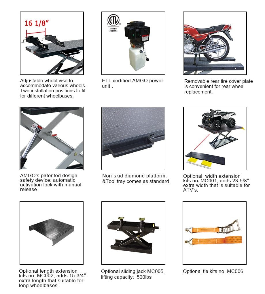 The image showcases the AMGO MC-1200 Motorcycle & ATV Lift from AMGO Hydraulics, featuring an adjustable wheel vise, ETL certified power unit, and a range of optional accessories.