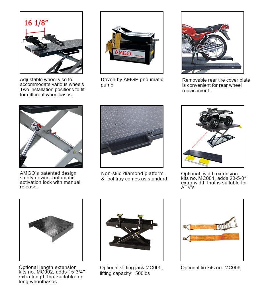 Collage of AMGO Hydraulics' AMGO MC-1200P Motorcycle & ATV Lift components, featuring a pneumatic hydraulic pump, diamond plate, ATVs, extension kits, loading ramp, and straps.