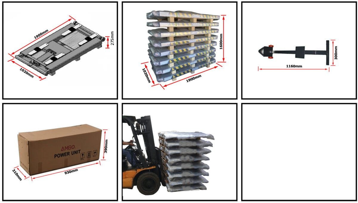 Images of various forklift-related items, a forklift lifting a stack of goods, and an AMGO Hydraulics MR06 6,000 lbs Mid-Rise Portable Scissor Lift are displayed in six individual panels.