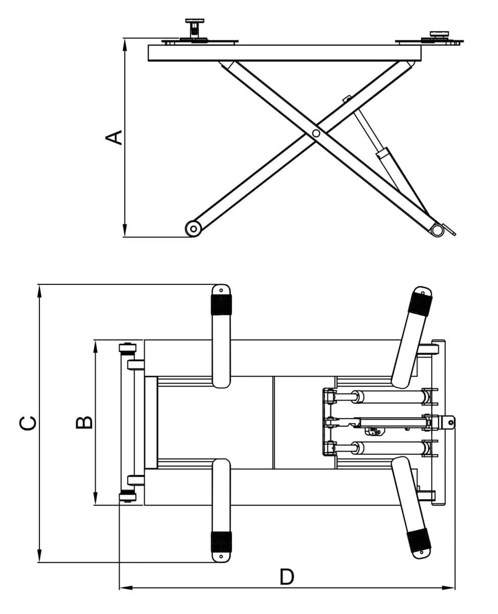 The technical drawing of the AMGO MR06 6,000 lbs Mid-Rise Portable Scissor Lift by AMGO Hydraulics shows side and top views with labeled dimensions A, B, C, and D.