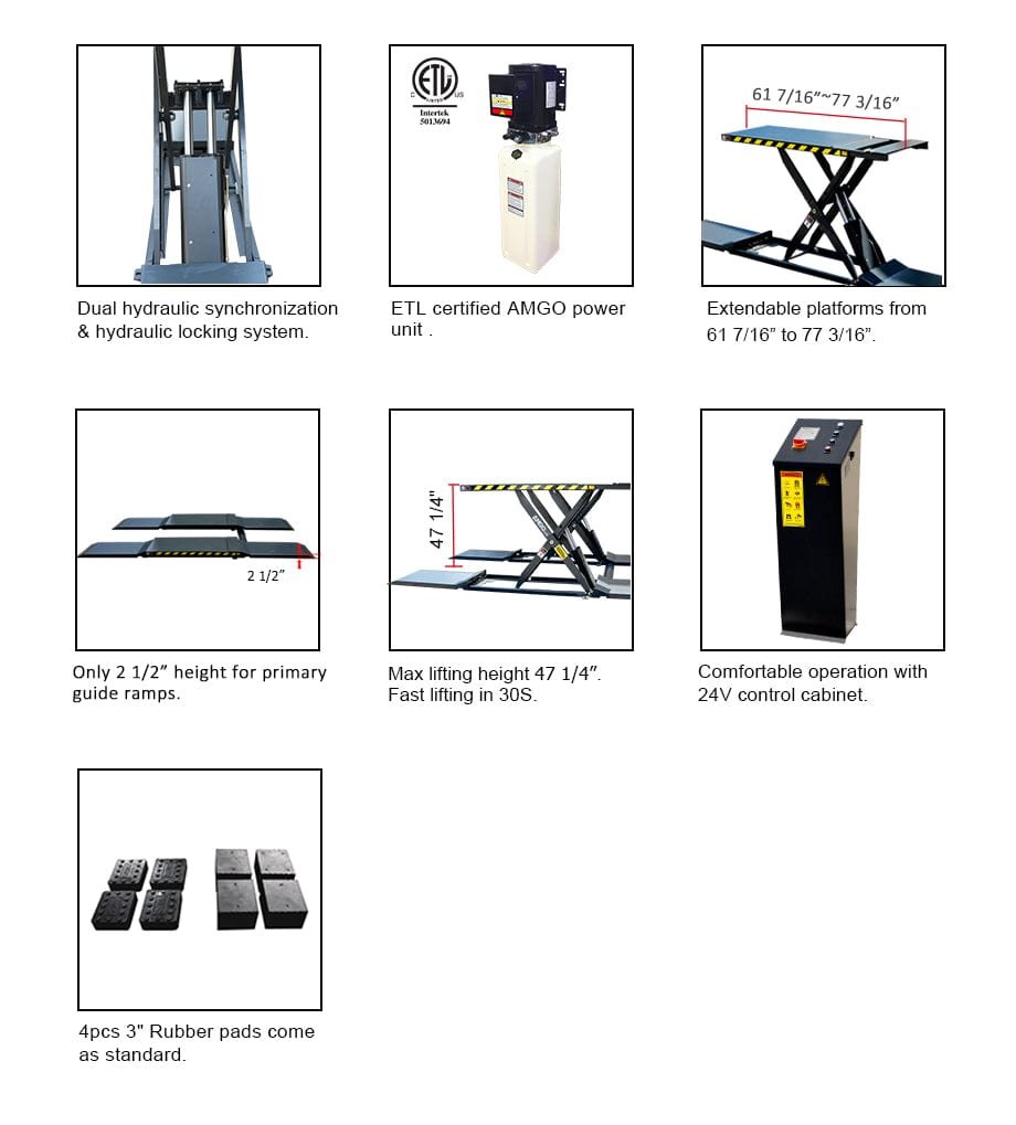 Collage of elevator parts showcasing the dual hydraulic system, control box, extendable platforms, and rubber pads. Featuring hydraulic synchronization in the AMGO MRL09 Mid-Rise Scissor Lift by AMGO Hydraulics with a 9,000 lbs capacity. Descriptions included.